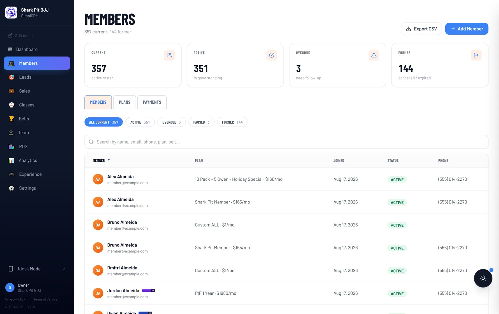 DinkOps member roster with belt ranks and plan status